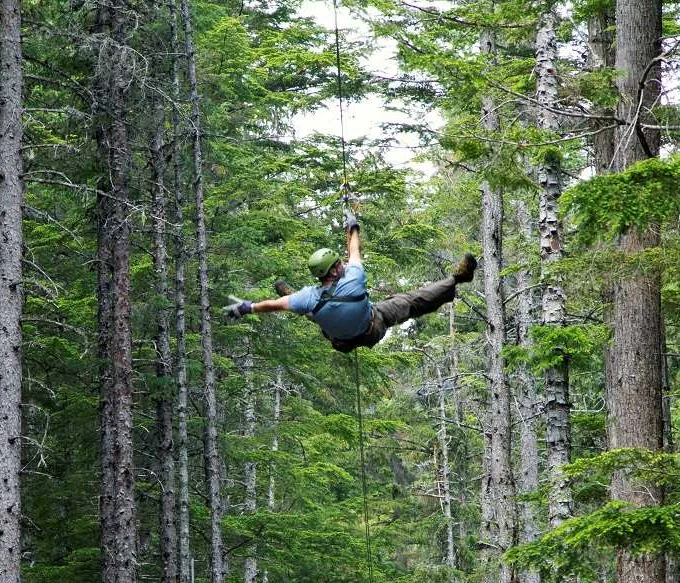 Alaska X guest soaring through the forest on a zipline