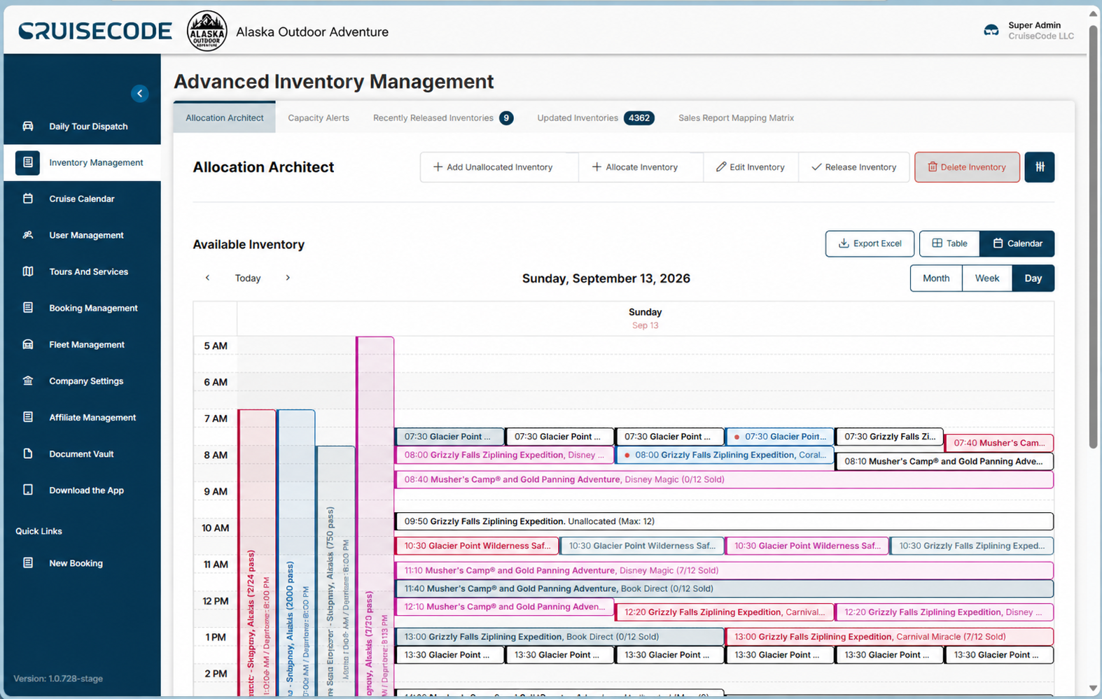 CruiseCode Inventory management - Alaska Outdoor Adventure demonstration view