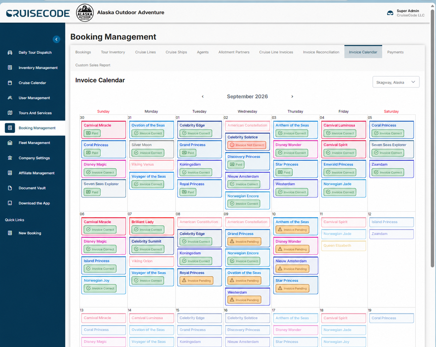 CruiseCode Invoice calendar - Alaska Outdoor Adventure demonstration view